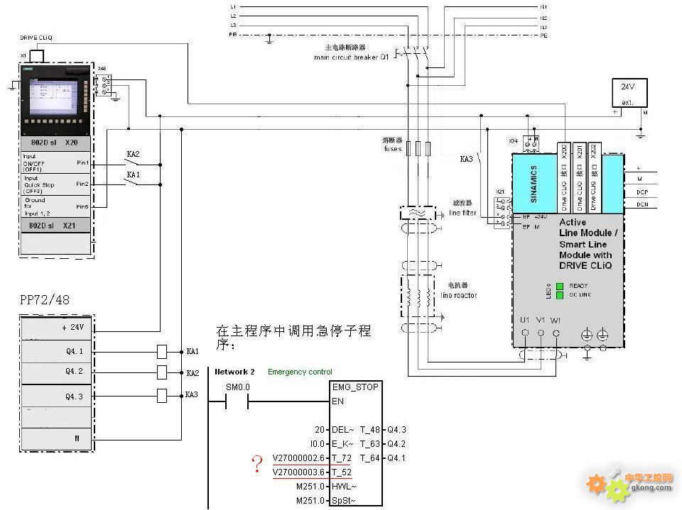 初学802D sl,对它与ALM驱动电源连接和子程序调用不太清楚,调试说明上也看不太明白,请大家指点。 1,我画了一个连接图和急停子程序的调用,不知道是否可行? 2,在急停子程序的输入T_72(驱动就绪)和T_52(电源模块I2t报警),在ALM模块上没有相应的输出端子,怎样得到这两个信号?是不是V27000002.